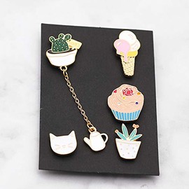 Beyond Metal Brooch Pin Badge Pins Set of 5 Cactus Cat Ice Cream Cupcake, Metal