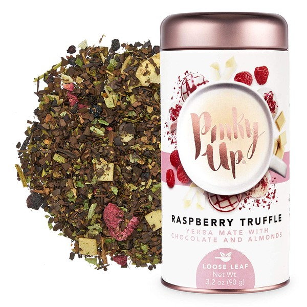 Pinky Up Raspberry Truffle Loose Leaf Yerba Mate Herbal Tea, 80-85 mg Caffeine Per Serving, Naturally Low Calorie & Gluten Free, 3.2 Ounce Tin, 25, Multicolor