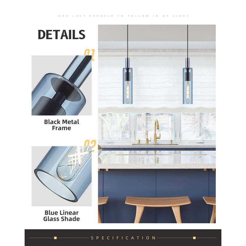 AUTELO Blue Pendant Lights, 1-Light Modern Pendant Lights Kitchen Island,