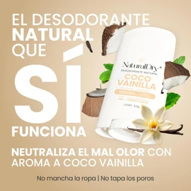 NaturalDry Desodorante Natural que SÍ FUNCIONA Delicioso aroma Coco Vainilla Sin Aluminio Sin Parabenos Desodorante Mujer No macha la ropa Protege del mal olor hasta 24 Horas 50 G
