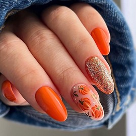 Thanksgiving Press on Nails Glitter Fake Nails Medium Almond Shaped False Nails Pumpkin Design Glossy Fake Nails Autumn Stick on Nails Orange Glue on Nails Acrylic Nail Kit for Women Manicure 24 Pcs