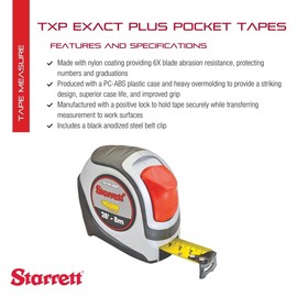 Starrett Exact Plus Retractable Imperial/Metric Pocket Tape Measure with Nylon Coating and Black Anodized Steel Belt Clip - 1.06" Width, 26' Length - KTXP106-26ME-N