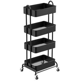 Ceayell Metal Rolling Storage Cart Heavy Duty Utility Cart Organizer with Lockable Wheels (Black, 4-Tier)