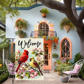 Welcome Cardinal Garden Flag Spring Summer Garden Flags Outdoor Decor 12x18 Inch Double Sided Small Burlap Yard Outside Lawn Patio Rustic Farmhouse Seasonal Wildflowers Decorations