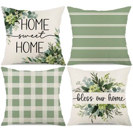 Farmhouse Spring Summer Pillow Covers 18x18 Set of 4, Buffalo Plaid Stripe Eucalyptus Pillows Decorative Home Quote Throw Pillows Pillowcase Decorations Farmhouse Decor for Home Decor