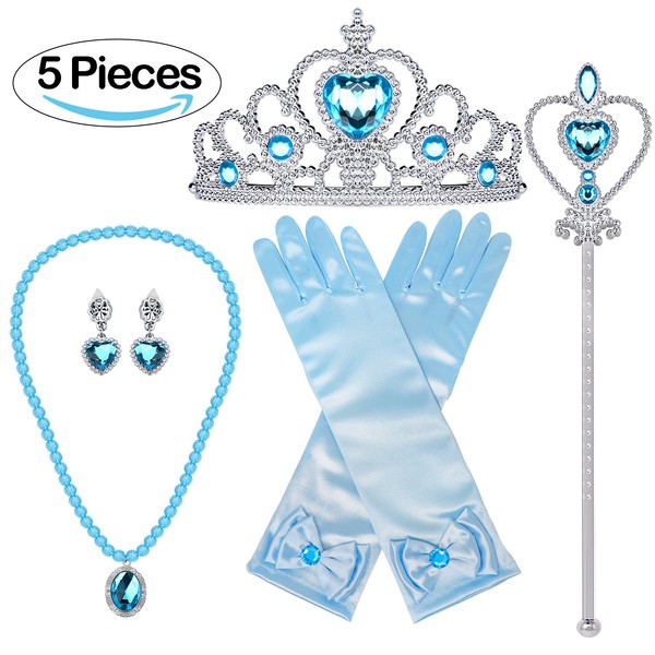 Bonallo Princess Dress Up Accessories Gift Set For Elsa Crown Scepter Necklace Earrings Gloves, Blue, 5 Pieces