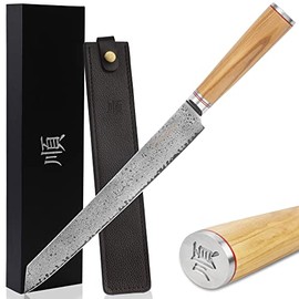 YOUSUNLONG Sujihiki Knife 11" - Japanese Fillet Knives - Hammered Damascus Steel Ultimate Slicing Knife - Italian Olive wood Handle With Leather Sheath - Slicer Meat,Sushi,Sashimi