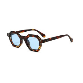 Long Keeper Retro Hexagon Sunglasses Women Mens Vintage Trendy Rectangle Thick Frame Travel Sun Glasses UV400 Protection (Leopard Blue)