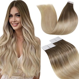 LaaVoo Tape in Hair Extensions Human Hair Balayage Light Brown to Dark Blonde and White Blonde Tape in Hair Extensions Straight Remy Real Human Hair Extensions 16 Inch 20pcs 50g #8/18/60