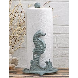 BLACK FOREST DECOR Patina Seahorse Paper Towel Holder – Cast Iron Coastal Kitchen Decor, 6.7" Dia. x 13" H