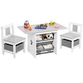 Vilaxing Kids Table and Chair Set (2 Chairs Included), Wooden Toddler Table and Chairs Set with 6 Storage Bins Boxes, Children's Furniture, Water Resistant (Gray)