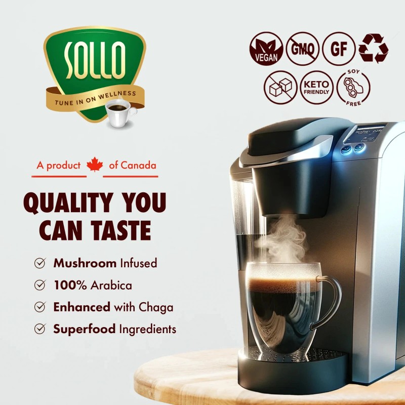 Sollo Infused Chaga Coffee Pods, Medium Roast, For Keurig Brewers,