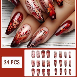24 Pcs Fall Leaf Press on Nails Medium Coffin Maple Leaf Fake Nails with Red Brown Leaf Designs False Nails Full Cover Glossy Gradation Brown French Acrylic Nail for Women Autumn Nail Decoration