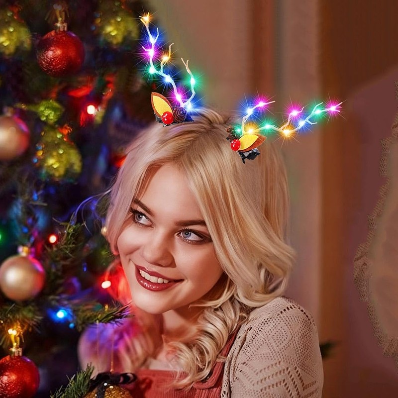 BARTOSI LED Light Christmas Hair Clips Reindeer Antlers Xmas Hairpins