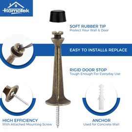 HOMOTEK 6 Pack Heavy Duty Solid Rigid Door Stop with Soft Rubber Tip, Zinc Die Cast Door Stopper Protect Wall & Door,Antique Brass