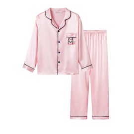 Topgal Big Girls Pajamas Size 8 - Quality Satin Cute Cat Long Sleeve Loungewear Pink