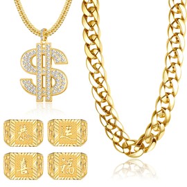 FIBO STEEL 80s 90s Accessories Outfit for Men Women Hip Hop Costumes Outfit Fake Gold Chains Dollar Sign Necklaces and Kanji Blessing Lucky Rings Set 80s 90s Party Jewelry