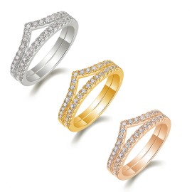Fine 925 Silver Gold Plated Pave 1.5MM VVS GRA Moissanite Couple Jewelry Minimal V Shape Engagement Stacking Rings Set VermeilColor: White Gold Plated-O, Ring Size: 6#