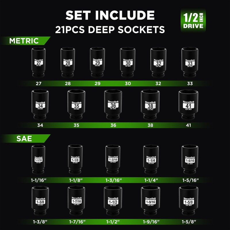 TecoTek 1/2" Drive Deep 6-Point Impact Socket Set, 21-Piece Spindle