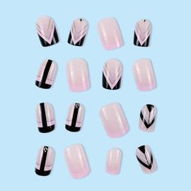 NEWSPIED Pink Press on Nails Short French Tip Fake Nails with Geometry Line Designs French Manicure Press on Nails Square Shaped Glue on Nails Full Cover Nail Tips Acrylic False Nails for Women 24Pcs