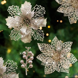 Carfoeny 20 Pcs 3 Styles Glitter Poinsettia Flowers Artificial Berry Picks Christmas Tree Decorations Ornaments Artificial Christmas Flowers with Clips for Xmas Party Wreath Floral Decor (Champagne)