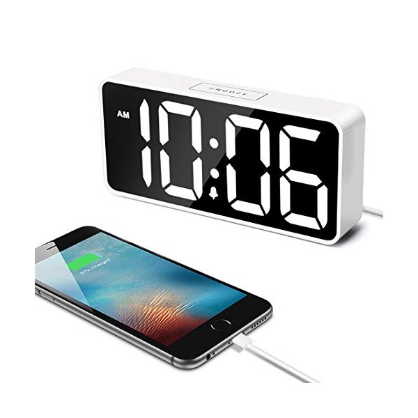 7.5" Large LED Digital Alarm Clock with USB Port for Phone Charger, 0-100% Dimmer, Touch-Activated Snooze, Outlet Powered (White)