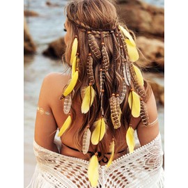 GORTIN Boho Feather Headband Hippie Headpiece Black Gypsy Costume Headdress Bohemian Headbands Indian Festival Feather Headwear Hair Accessory for Women and Girls (Brown+Yellow)