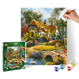 Schipper 602100496 Natural Numbers-Old English Cottage Pictures for Adults Includes Brushes and Acrylic Paints 24 x 30 cm, Multicoloured