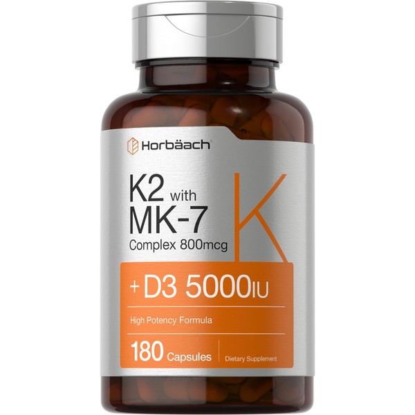 Horbäach Vitamin D3 K2 | 5000iu of Vitamin D & 100mcg MK-7 Complex | 180 Softgel Capsules | Non-GMO & Gluten Free Supplement