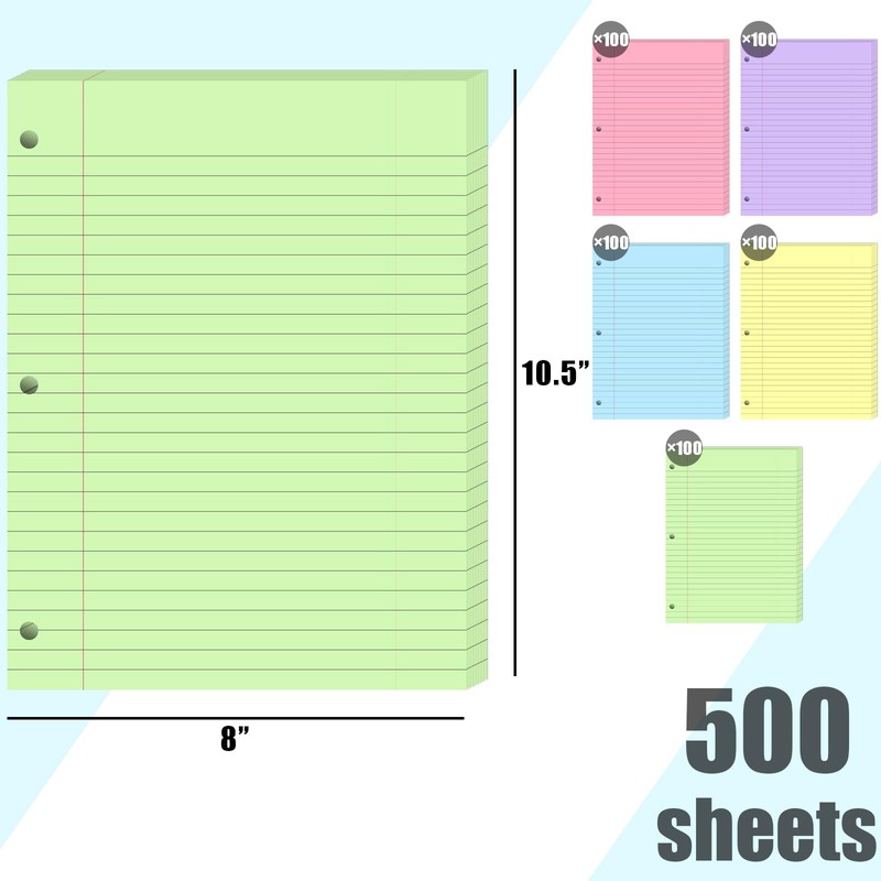 Koogel 5-Color Loose Leaf Paper, 500 Sheets Wide Ruled, 8