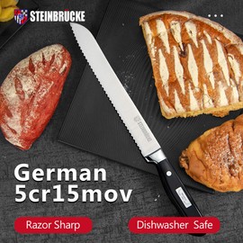 STEINBRÜCKE Serrated Bread knife 10 inch - Ultra sharp Bread Slicing Knife Forged from German Stainless Steel 5Cr15Mov, HRC58, Full Tang kitchen bread knife for Homemade, Crusty&Soft Bread