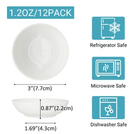 Belinlen 12 Pack Small Dipping Bowls Sets 1.2 oz Dipping Sauce Dishes & Bowls, Ceramic Soy Sauce Dishes Porcelain Small Server Dishes for Tomato Sauce, Soy, Vinegar, BBQ (White)