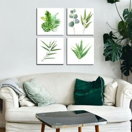 JOFANG 4PCS Canvas Wall Art- Green Tropical Fern Plant Framed Wall Art for Living Room Pictures for Bedroom Walls Bathroom Decor Kitchen Pictures Wall Decor-12x12in