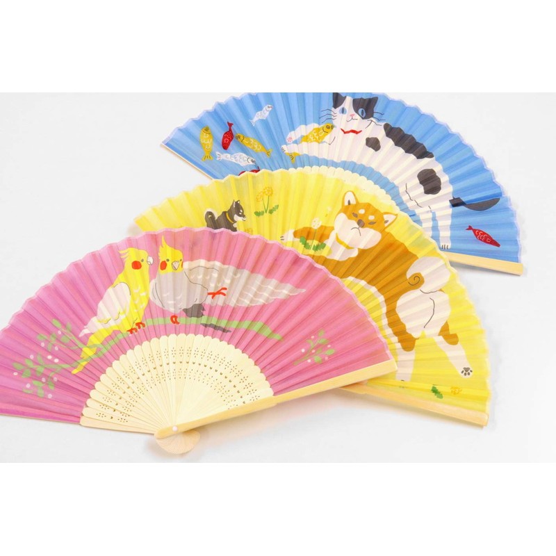 Keisuu 4526847142568 Japanese Pattern Silk Fan with Bag Cat (Blue)