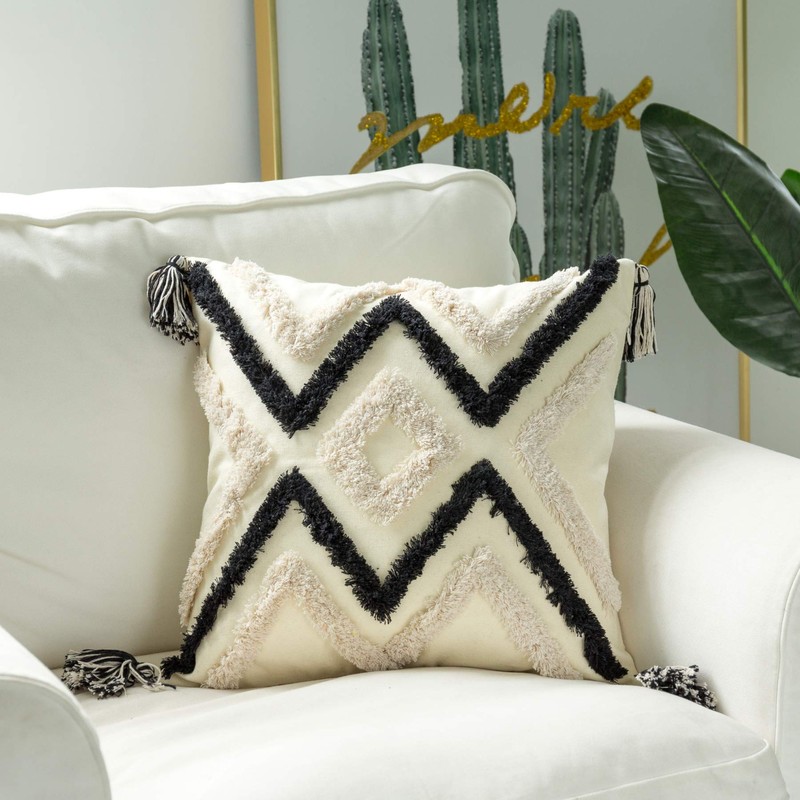 Woven Tufted Boho Throw Pillow Cover, Modern Decorative Geometric Chevron