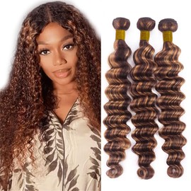 FB30 Bundles Brown Deep Wave Human Hair Bundles Highlight Brown Bundles Human Hair 16 16 16 Inch Two Tone Highlight Deep Wave Bundles Hair Weave Ombre Brown Bundles