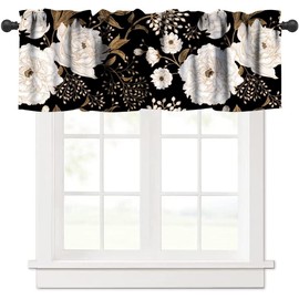 JanJCurt Black Gold Floral Valance, Retro Peony Rose Flowers Oriental Style Gothic Garden Blackout Short Window Treatments for Farmhouse Living Room Bedroom Kitchen, 54x18in
