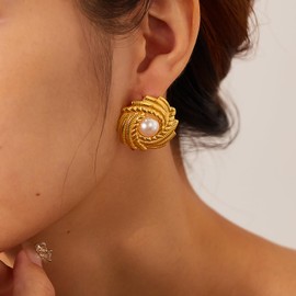 Rockyu Gold Big Pearlized Stud Earrings for Women Gorgeous Wedding Party Accessory Gift, Stainless Steel, Pearl