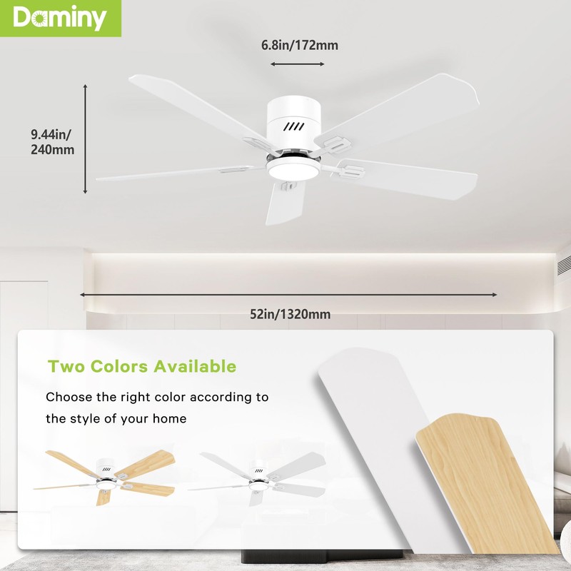 DAMINY 52 inch 5 Blades White Ceiling Fans with Lights,Flush