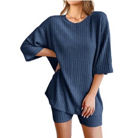 NORACORA Ribbed Pajamas for Women Biker Shorts Set Lounge Sets Oversized Tshirt Sleepwear Outfits Navy