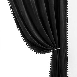 Treatmentex Black Velvet Curtains for Bedroom Living Room 95" Pom Pom Room Darkening Curtains for Bedroom Cotton Feel Soft Window Draperies 42" W x 2Panels