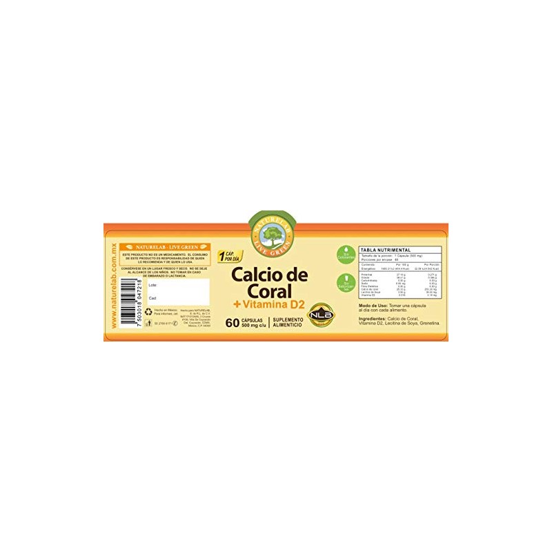 CALCIO DE CORAL CON VITAMINA D2 60 CAPSULAS SUPLEMENTO NATURELAB