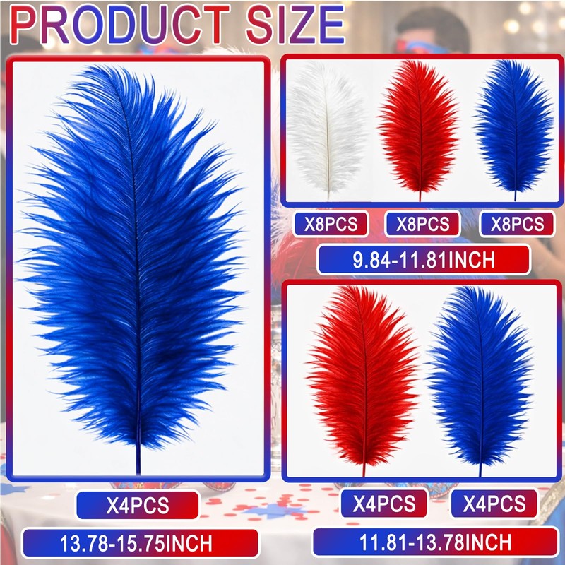 XunYee 36 Pcs Red Blue White Ostrich Feathers Large 10-16