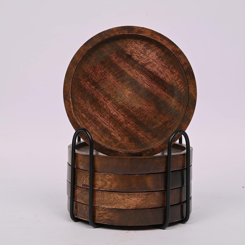 SAMHITA Mango Wood Coasters for Drinks with Iron Holder Stand