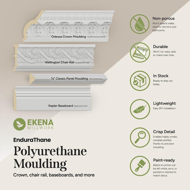 Ekena Millwork Endurathane Sussex Baseboard Moulding, 4"H x 5/8"P x