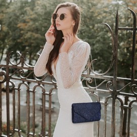 UBORSE Bolso de mano elegante de encaje floral para mujer, para fiesta de graduación, boda, Azul marino, M