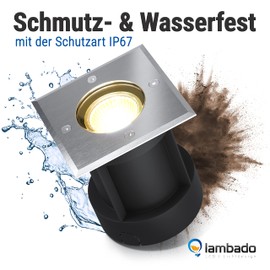 lambado® LED Bodeneinbaustrahler für Aussen IP67 - Wasserdicht & Befahrbar inkl. 5W GU10 Strahler warmweiss dimmbar - Quadratischer Bodenstrahler/Bodenleuchte aus Edelstahl für Garten & Terrasse