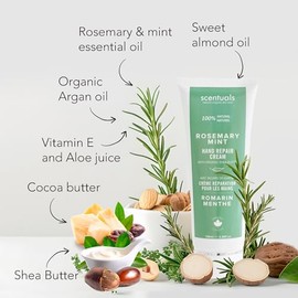 Crema de manos con aceite esencial de romero y menta, manteca de karité, manteca de cacao, aceite de argán y almendras, vitamina E y aloe vera, para h