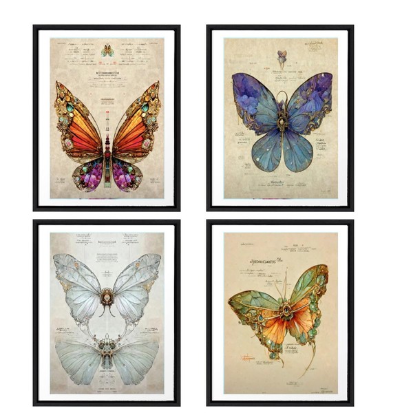 LAPUZK 4 Pieces Gemstone Design Butterfly Art Prints- Inspirational Natural