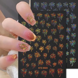 Colorful Flash Fireworks Nail Stickers 3D Gold Silver Laser Shiny Glitter Adhesive Holographic Firework Nail Design New Year French Nail Sticker for Women Christmas Holiday Manicure Decoration